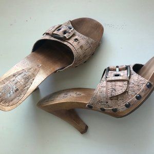Donald Pliner cork and wood heeled mules